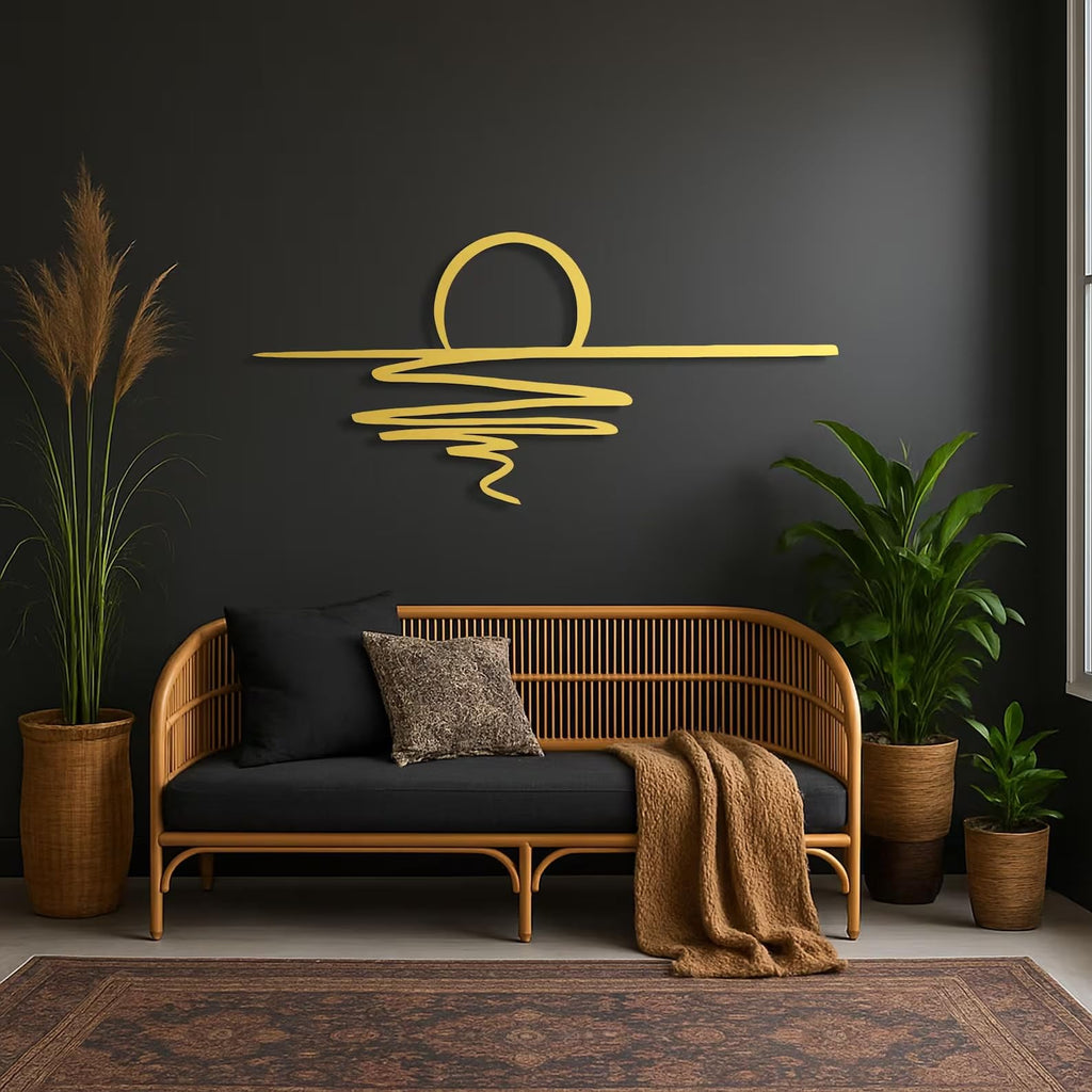 Tubibu Metall-Wandkunst – Sonnen-Glitzer-Wanddekoration – schwarze minimalistische Linienkunst – Sonnenaufgang-Wandbehang für Wohnzimmer, Schlafzimmer, Einweihungsgeschenk im Freien (XXL)