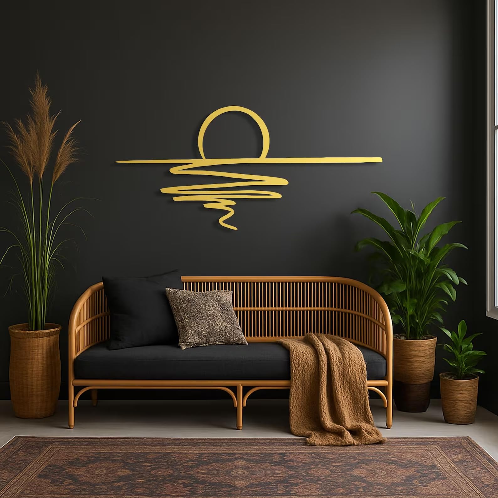 Tubibu Metall-Wandkunst – Sonnen-Glitzer-Wanddekoration – schwarze minimalistische Linienkunst – Sonnenaufgang-Wandbehang für Wohnzimmer, Schlafzimmer, Einweihungsgeschenk im Freien (XXL)