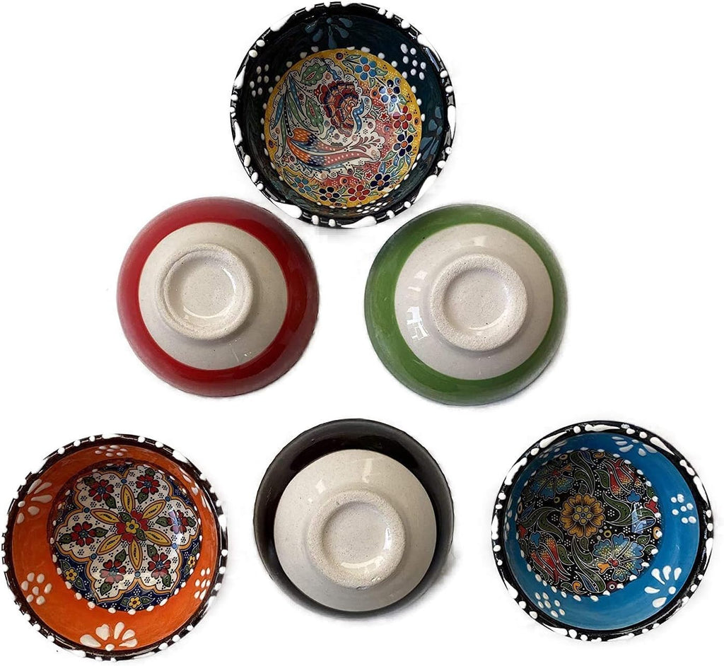 Dekorative türkische Keramik-Schüssel-Set mit 6 Stück – handgefertigte Pinch Multicolor Finger kleine Servierschalen (Decco, 8 cm)