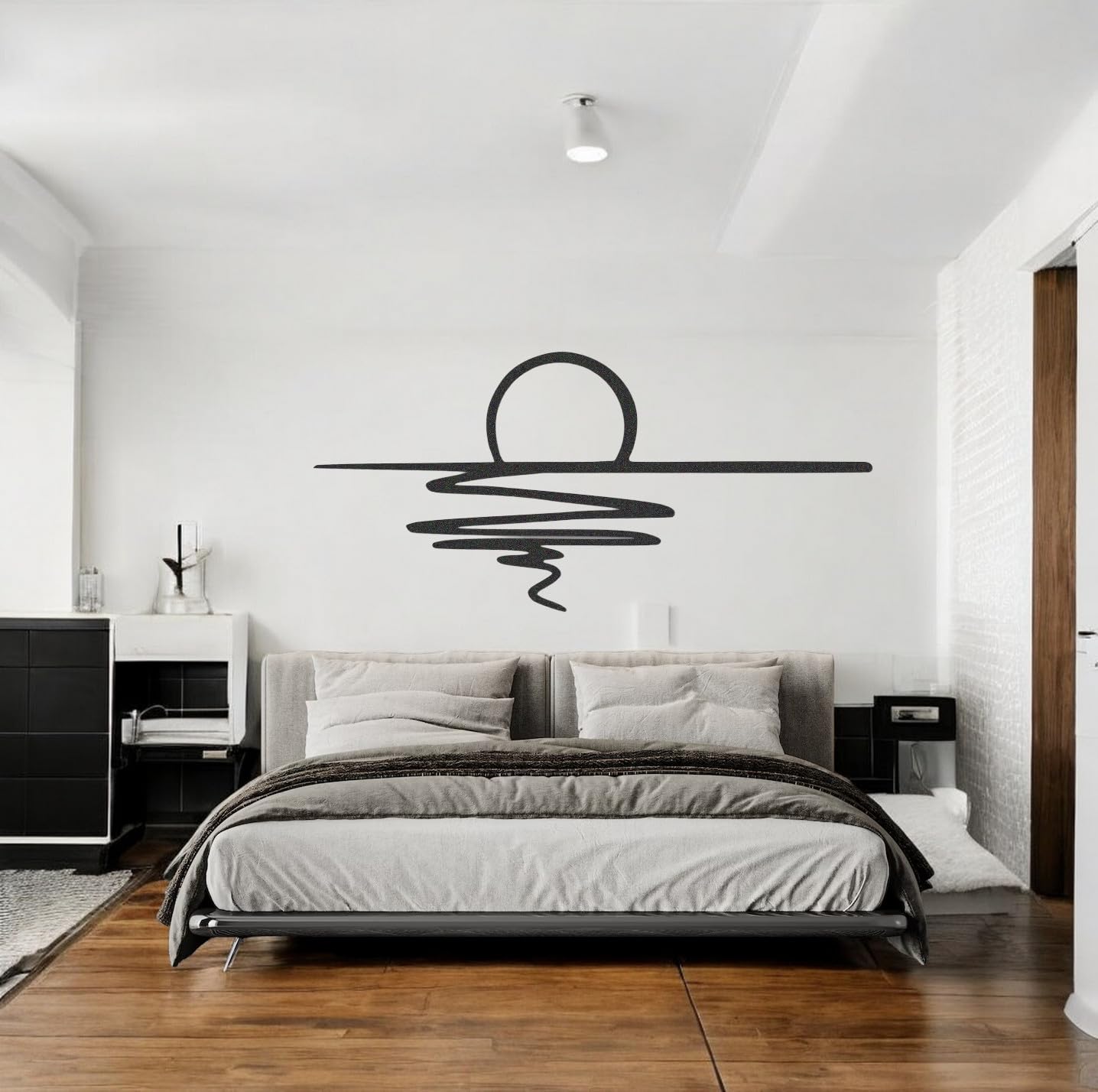 Tubibu Metall-Wandkunst – Sonnen-Glitzer-Wanddekoration – schwarze minimalistische Linienkunst – Sonnenaufgang-Wandbehang für Wohnzimmer, Schlafzimmer, Einweihungsgeschenk im Freien (XXL)
