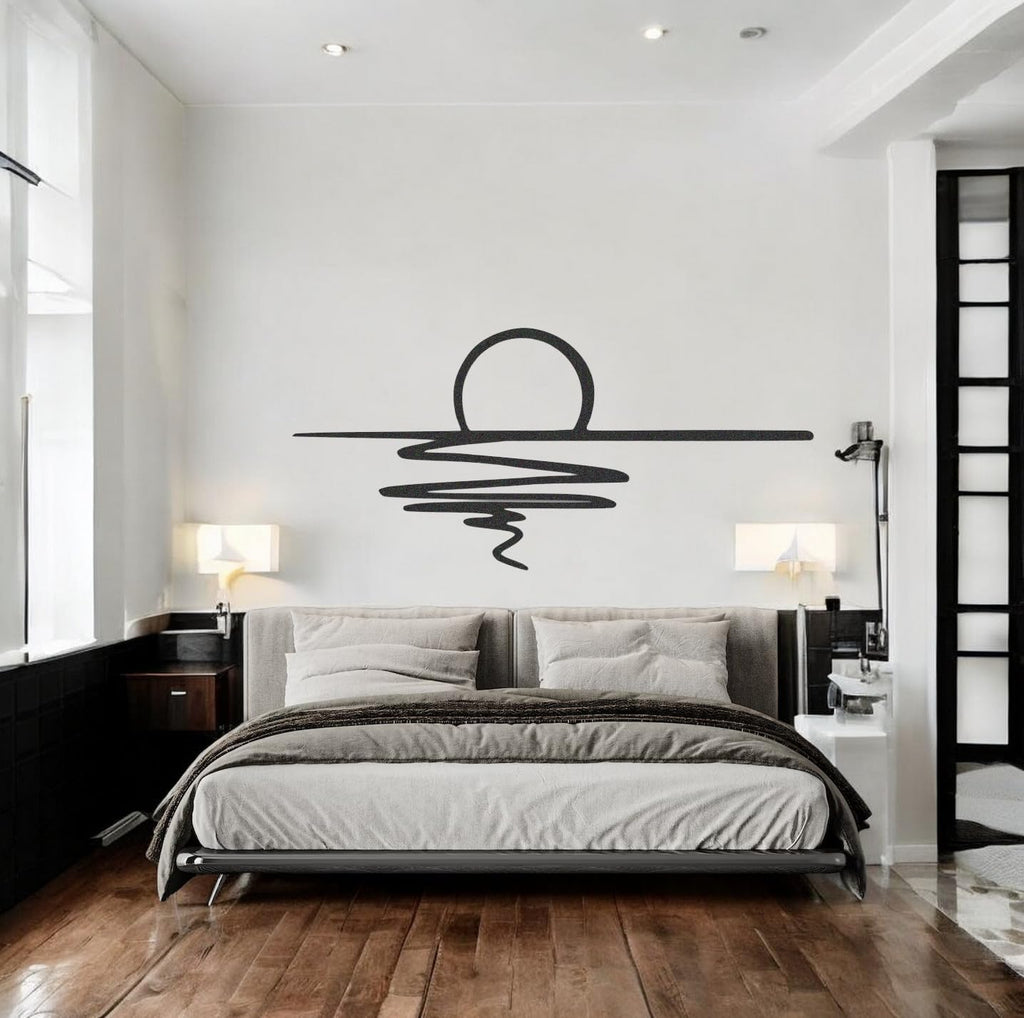 Tubibu Metall-Wandkunst – Sonnen-Glitzer-Wanddekoration – schwarze minimalistische Linienkunst – Sonnenaufgang-Wandbehang für Wohnzimmer, Schlafzimmer, Einweihungsgeschenk im Freien (XXL)