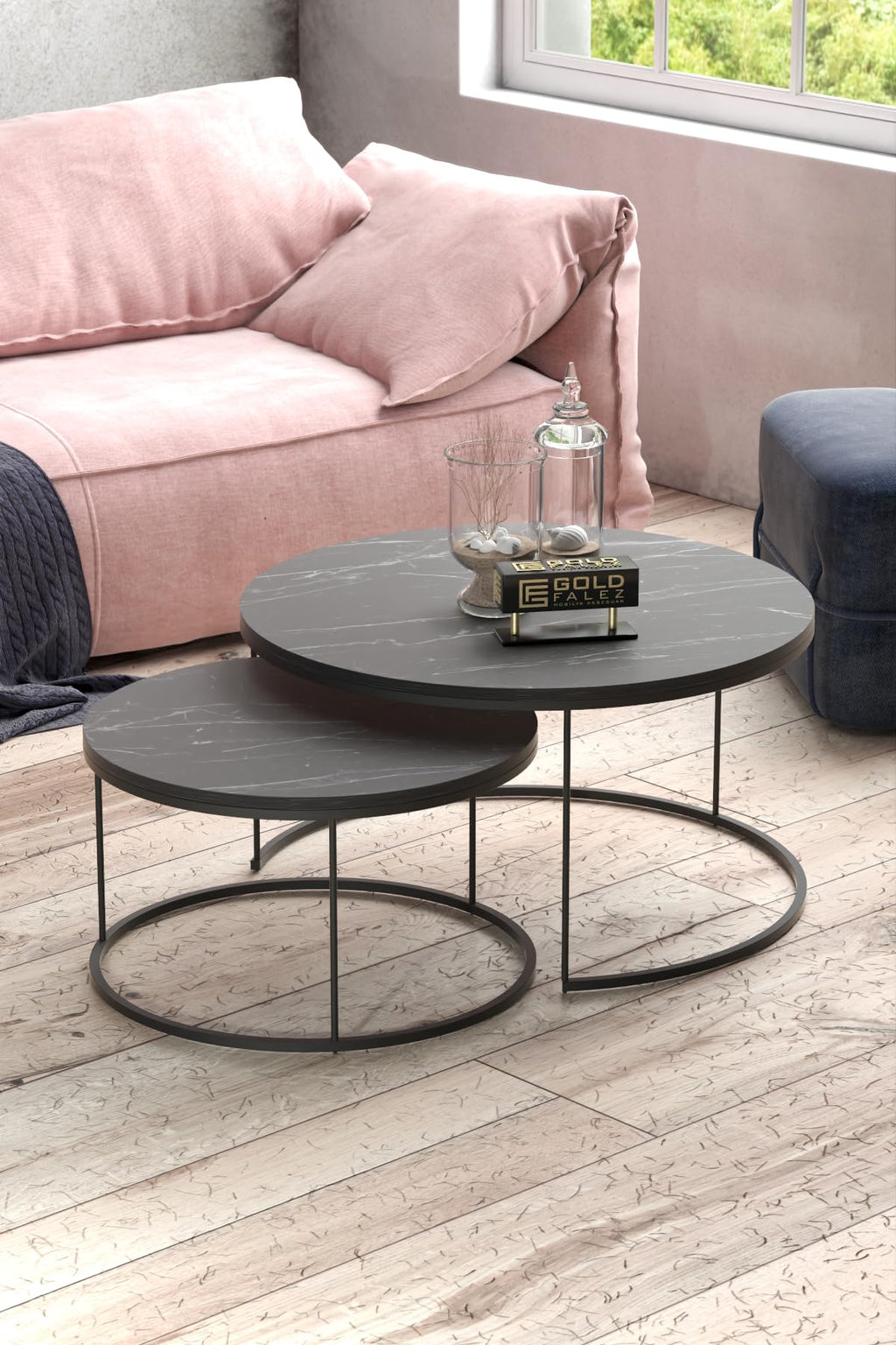 Couchtisch-Set Marmoroptik Schwarz im Wohnzimmer