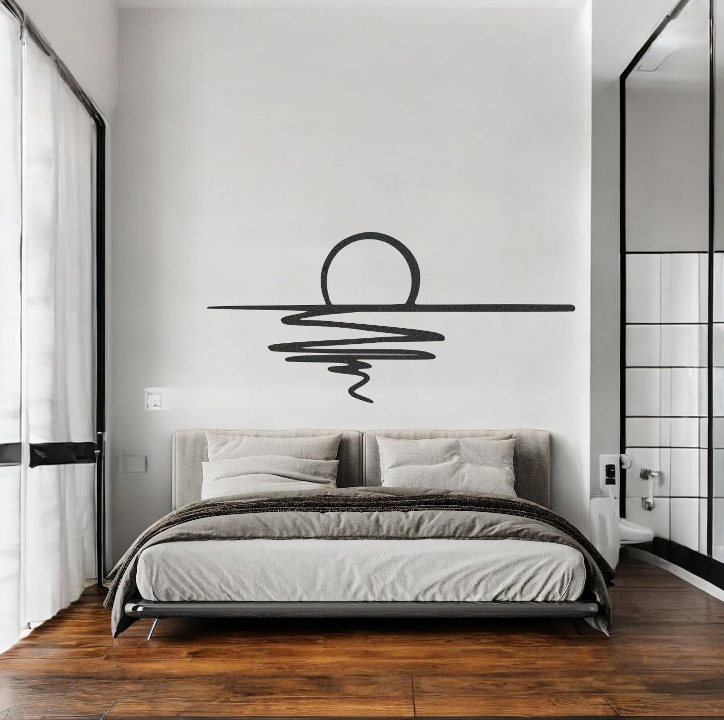 Tubibu Metall-Wandkunst – Sonnen-Glitzer-Wanddekoration – schwarze minimalistische Linienkunst – Sonnenaufgang-Wandbehang für Wohnzimmer, Schlafzimmer, Einweihungsgeschenk im Freien (XXL)