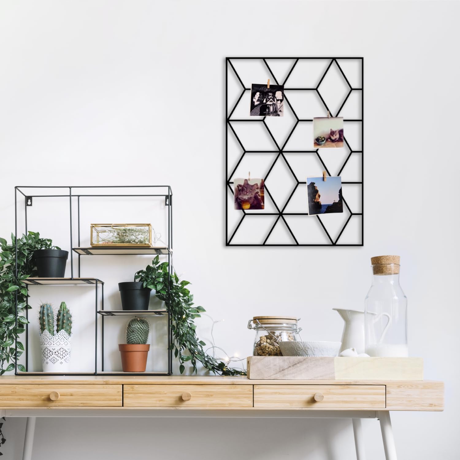 Wandgitter Schwarz,Wanddekor, Multifunktionale Gitterwand, DIY Eisen Gitter der Fotowand Dekoration, Pinnwand Foto an der Memoboard Hängen in der Familie, Küche, Fotohalter, Organizer für wand (Cubic)