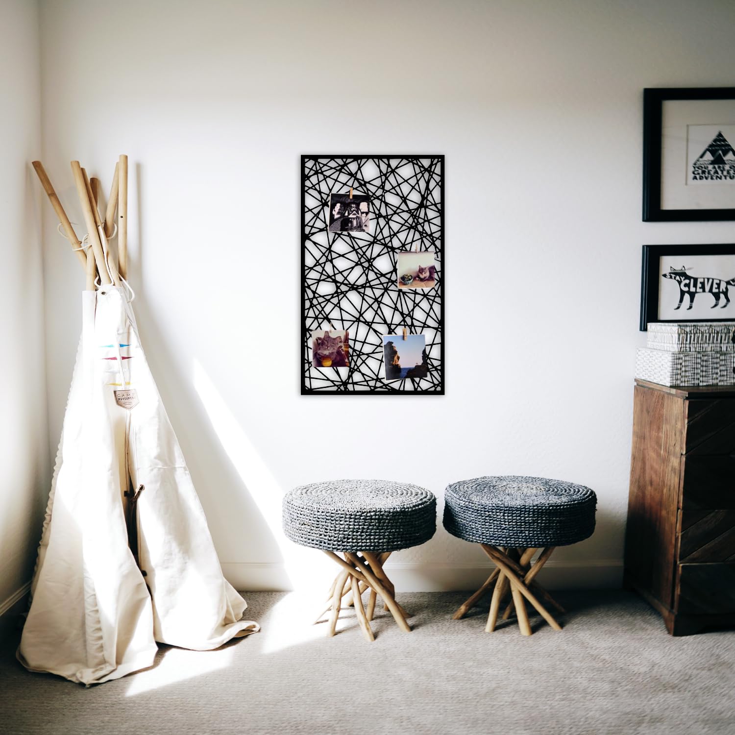 Wandgitter Schwarz,Wanddekor, Multifunktionale Gitterwand, DIY Eisen Gitter der Fotowand Dekoration, Pinnwand Foto an der Memoboard Hängen in der Familie, Küche, Fotohalter, Organizer für wand (Cubic)