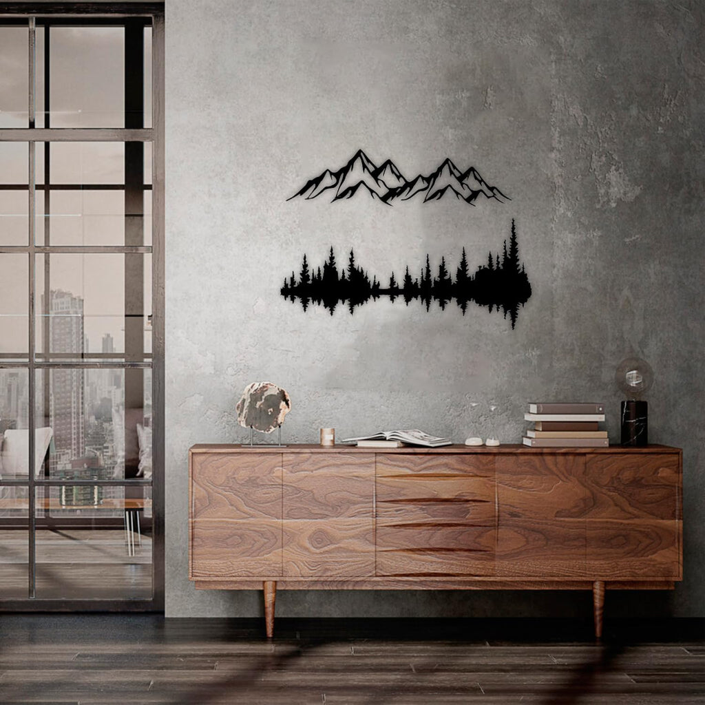 Metall Wandkunst Berg und Wald Metall Wanddekoration, große Wandskulptur für rustikales Zuhause, Innen und Außenbereich, Moderne Deko, Bilder für Zuhause Büro Wohnzimmer (Berg 2, Klein, White/Black)