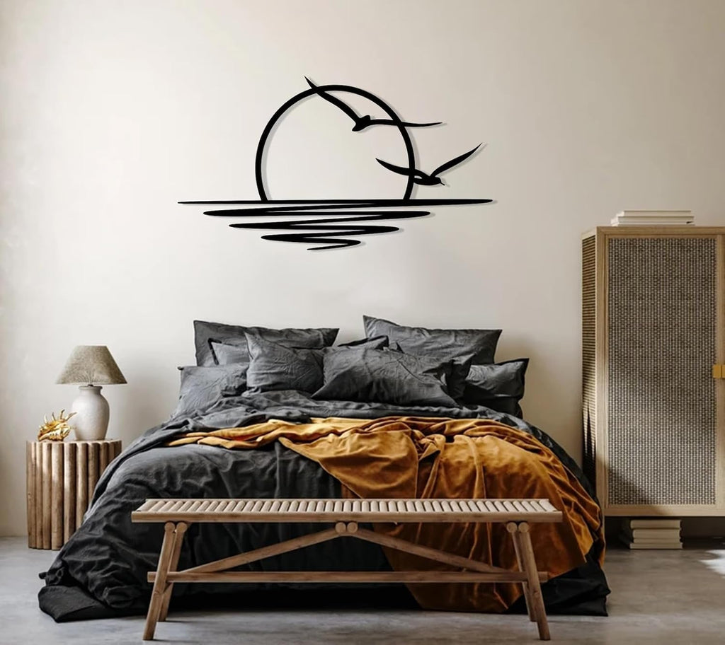 Tubibu Metall-Wandkunst – Sonnen-Glitzer-Wanddekoration – schwarze minimalistische Linienkunst – Sonnenaufgang-Wandbehang für Wohnzimmer, Schlafzimmer, Einweihungsgeschenk im Freien (XXLARGE)