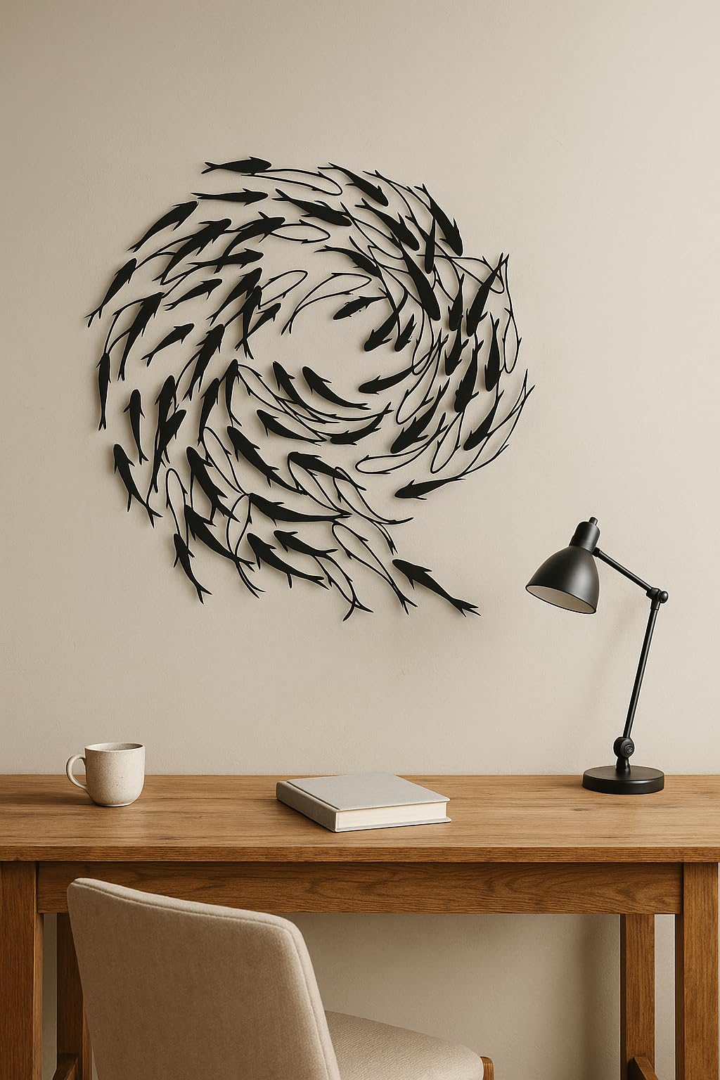 Tubibu Metall Fisch Wanddeko – Schwarze Fischfamilie Wandkunst im maritimen Stil – Moderne Wand Skulptur für Wohnzimmer, Bad, Garten, Balkon oder Terrasse (100x87)