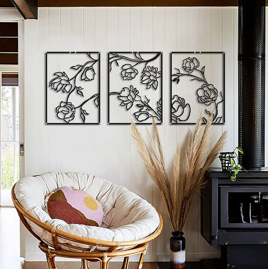 Tubibu 3 Stücke Dekorative Blumen Set %100 Metall Wandbehang Metall Wandkunst Minimalistische Metall Wanddekoration Wandschild Home Office Dekoration Schlafzimmer Wohnzimmer Dekor Wandskulptur