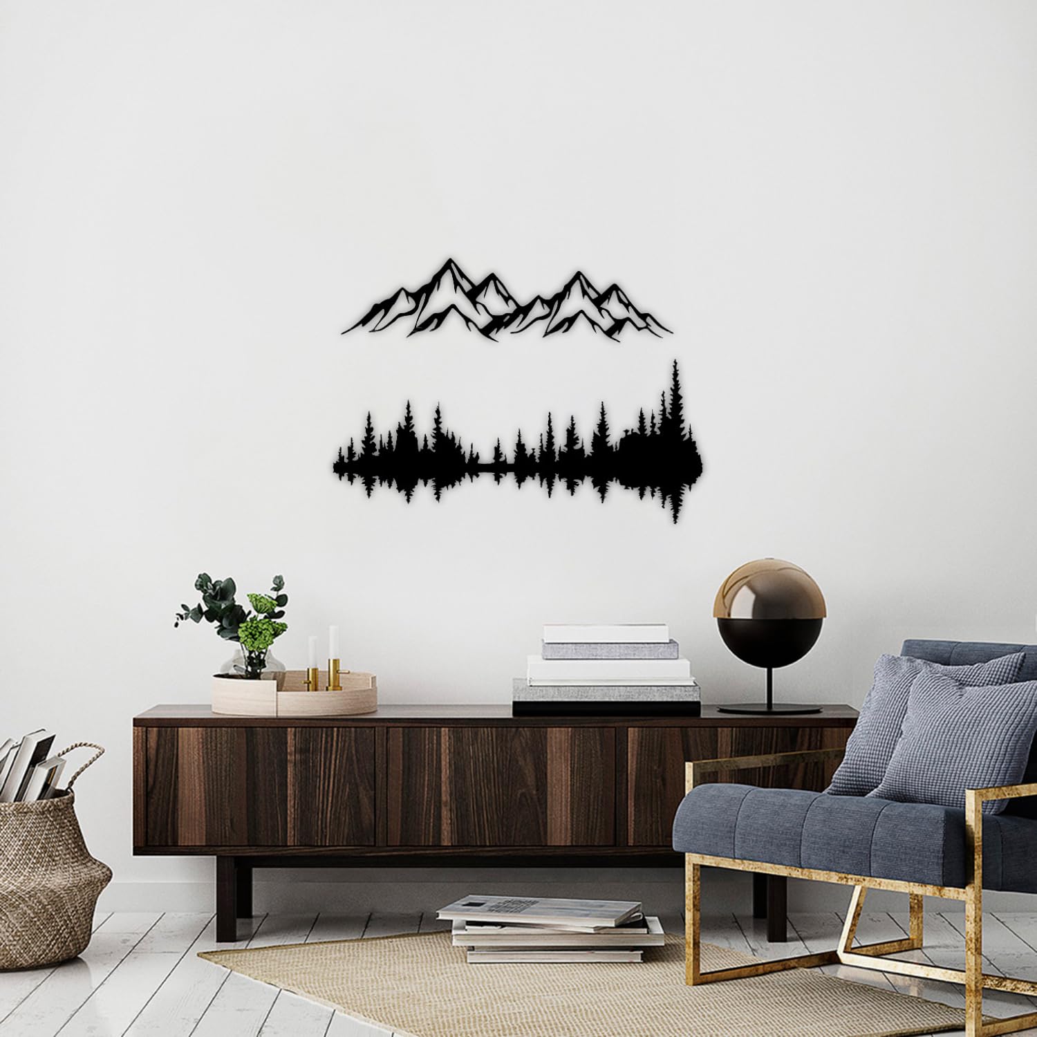 Metall Wandkunst Berg und Wald Metall Wanddekoration, große Wandskulptur für rustikales Zuhause, Innen und Außenbereich, Moderne Deko, Bilder für Zuhause Büro Wohnzimmer (Berg 2, Klein, White/Black)