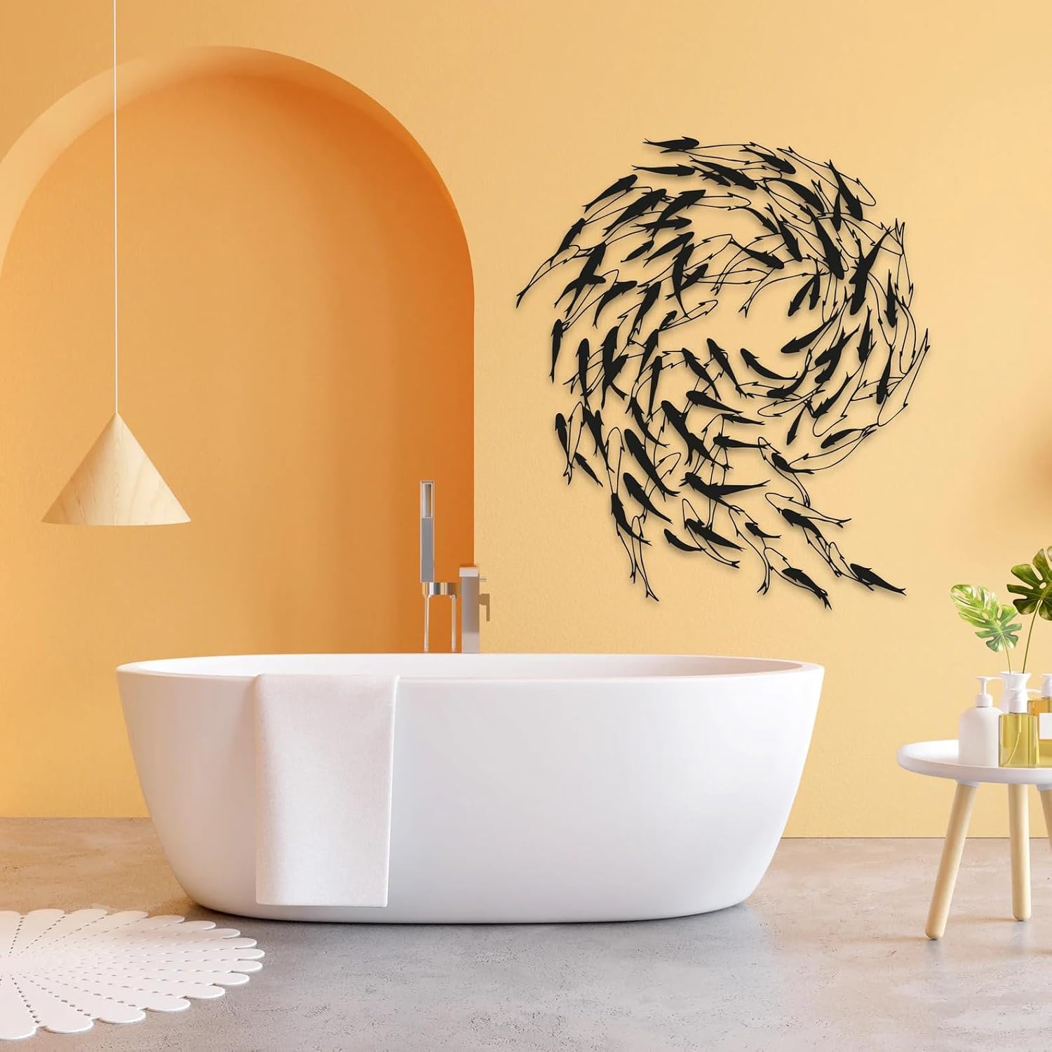 Tubibu Metall Fisch Wanddeko – Schwarze Fischfamilie Wandkunst im maritimen Stil – Moderne Wand Skulptur für Wohnzimmer, Bad, Garten, Balkon oder Terrasse (100x87)