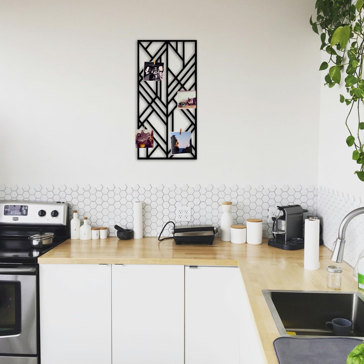 Wandgitter Schwarz,Wanddekor, Multifunktionale Gitterwand, DIY Eisen Gitter der Fotowand Dekoration, Pinnwand Foto an der Memoboard Hängen in der Familie, Küche, Fotohalter, Organizer für wand (Cubic)