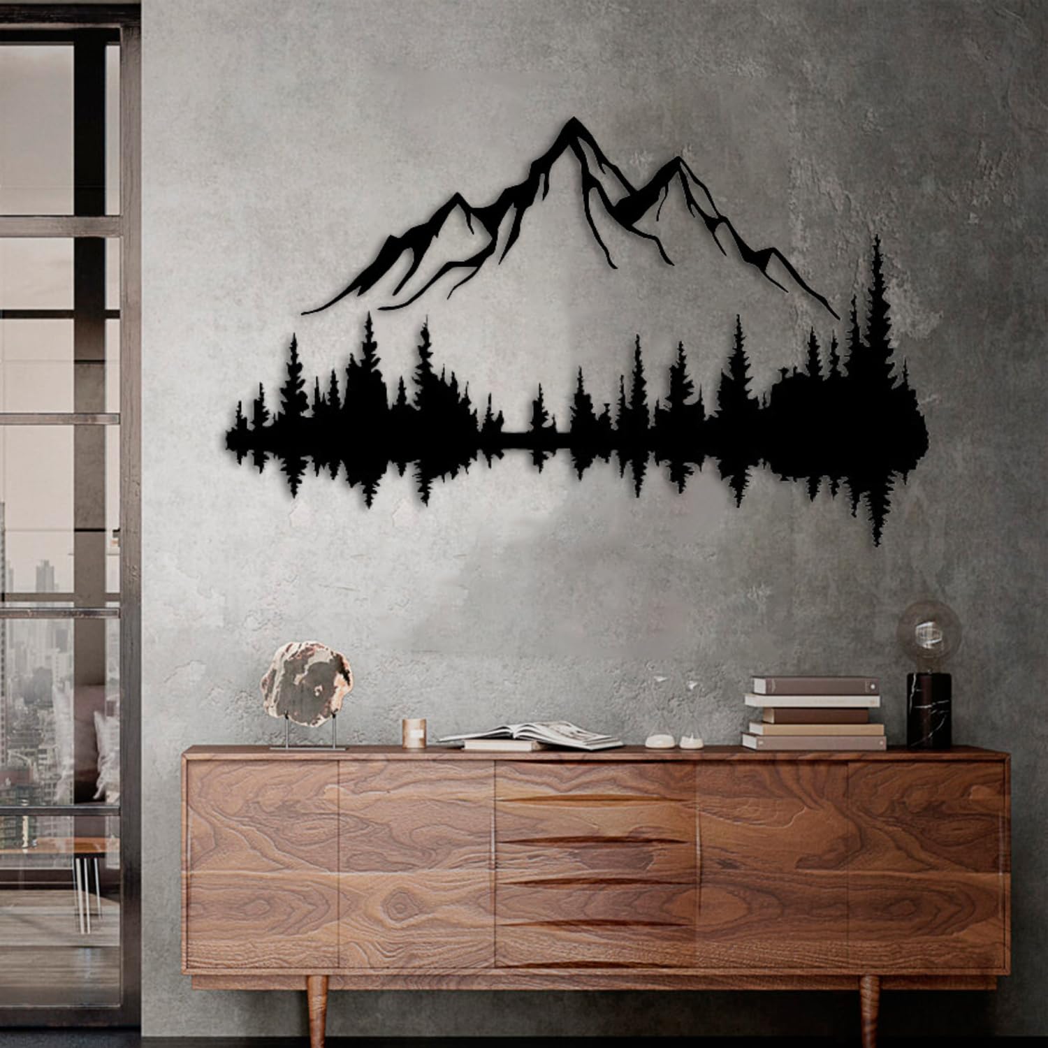 Metall Wandkunst Berg und Wald Metall Wanddekoration, große Wandskulptur für rustikales Zuhause, Innen und Außenbereich, Moderne Deko, Bilder für Zuhause Büro Wohnzimmer (Berg 2, Klein, White/Black)