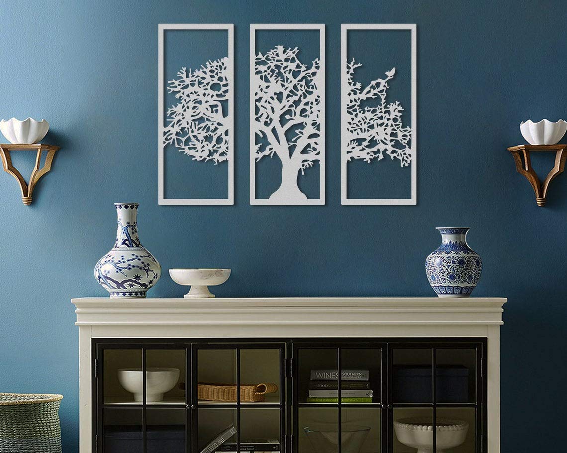 Tubibu 3 gerahmte Paneele, Stammbaum, Baum des Lebens, Metall-Wandkunst, Wandmontage, Metallskulptur, Wanddekoration, Zuhause, Wohnzimmer, 3 Stück x (32 x 70 cm)