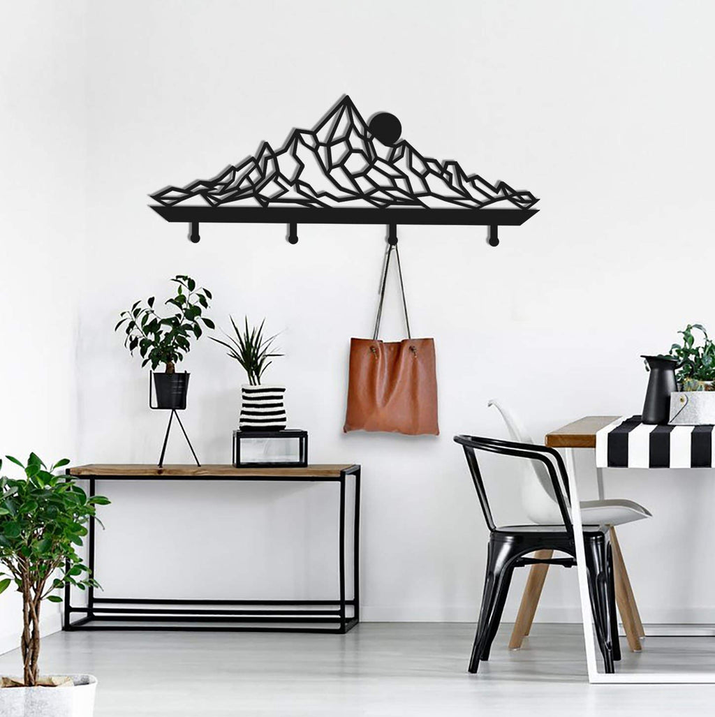 Garderobenleiste Bergpanorama aus Metall – geometrisches Gebirge mit Haken, 70 × 30 cm