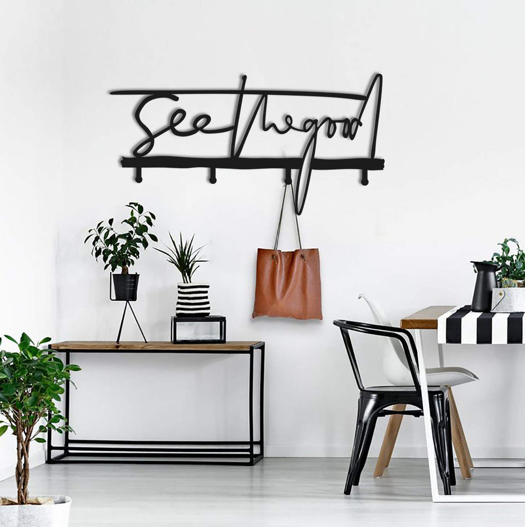 Garderobenleiste „See The Good“ aus Metall – Schriftzug mit Haken, 60 × 30 cm
