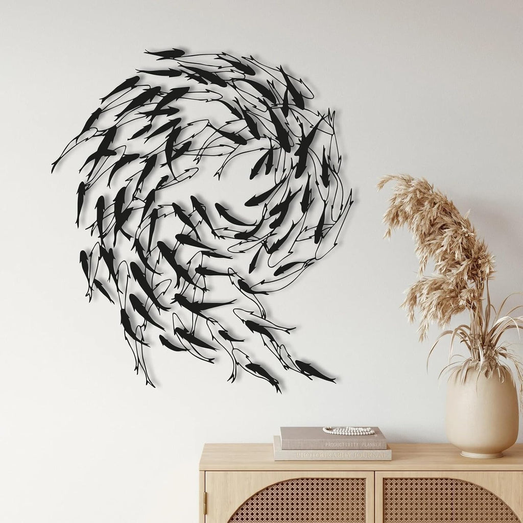 Tubibu Metall Fisch Wanddeko – Schwarze Fischfamilie Wandkunst im maritimen Stil – Moderne Wand Skulptur für Wohnzimmer, Bad, Garten, Balkon oder Terrasse (100x87)
