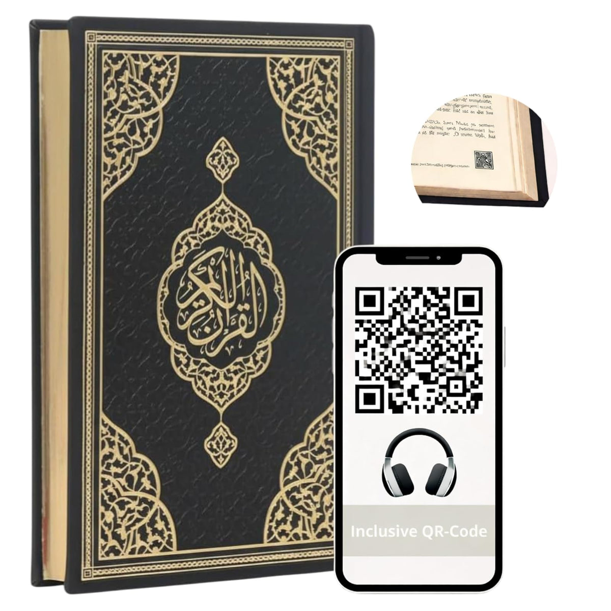 Koran auf Arabisch mit schwarzem Termo-Ledereinband und Goldschnitt, mit QR-Code-Audio