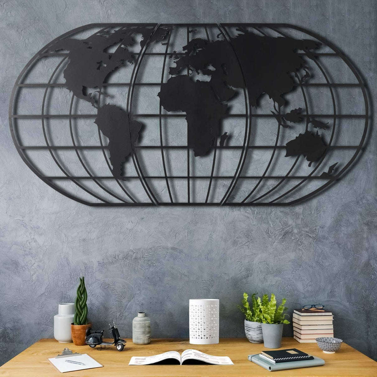 Weltkarten-Globe Schwarz – Metall-Wandkunst