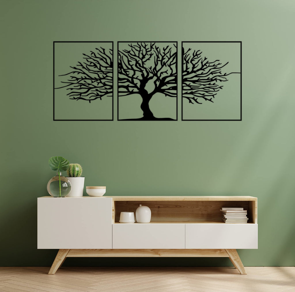 Tubibu Moderne Metall-Wandkunst 3er Set, 100% Metall - Metallische Wanddekoration, Wandbehang für Wohnzimmer, Schlafzimmer, Wohnheim, Wandskulpturen (Schwarzer Baum, klein)