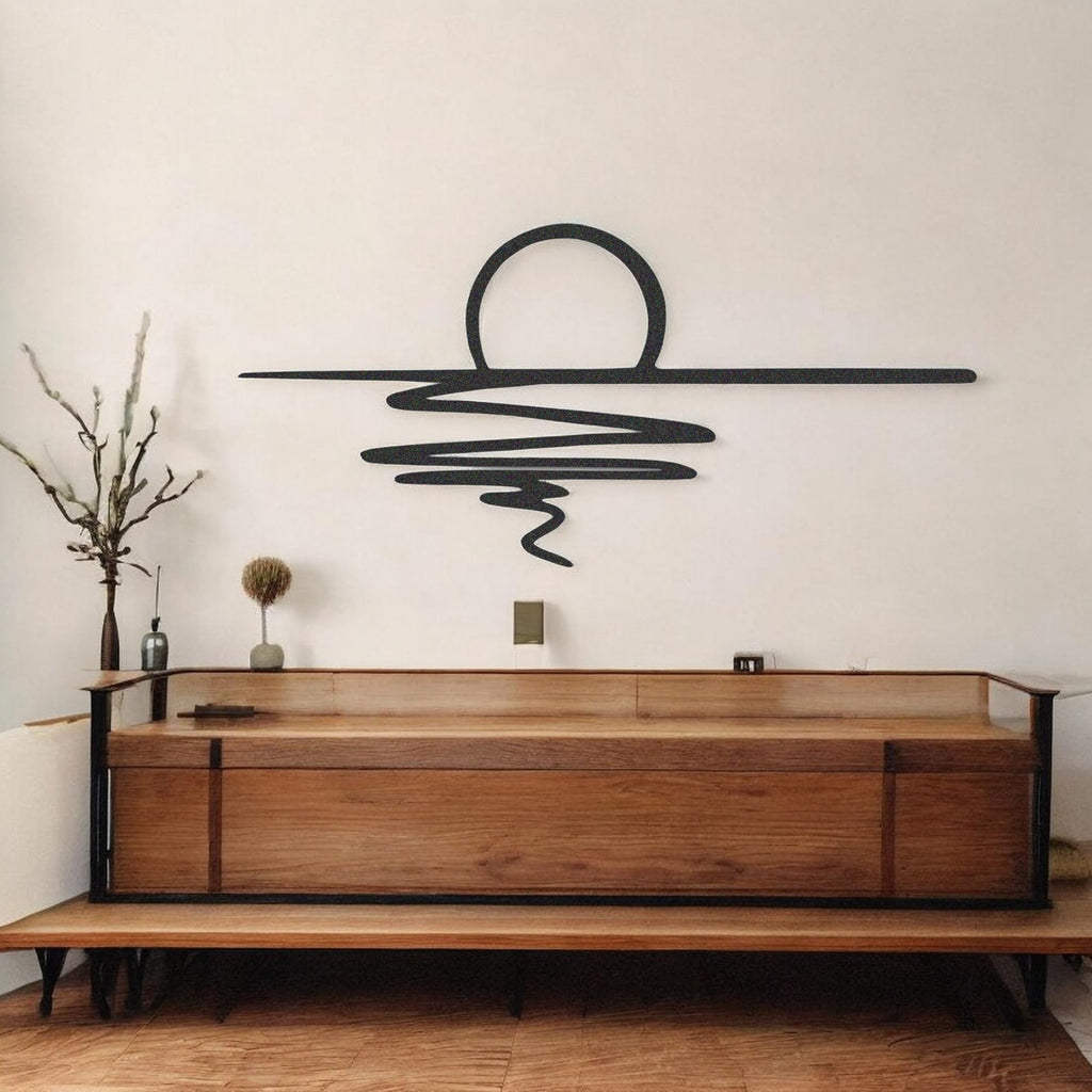 Tubibu Metall-Wandkunst – Sonnen-Glitzer-Wanddekoration – schwarze minimalistische Linienkunst – Sonnenaufgang-Wandbehang für Wohnzimmer, Schlafzimmer, Einweihungsgeschenk im Freien (XXL)