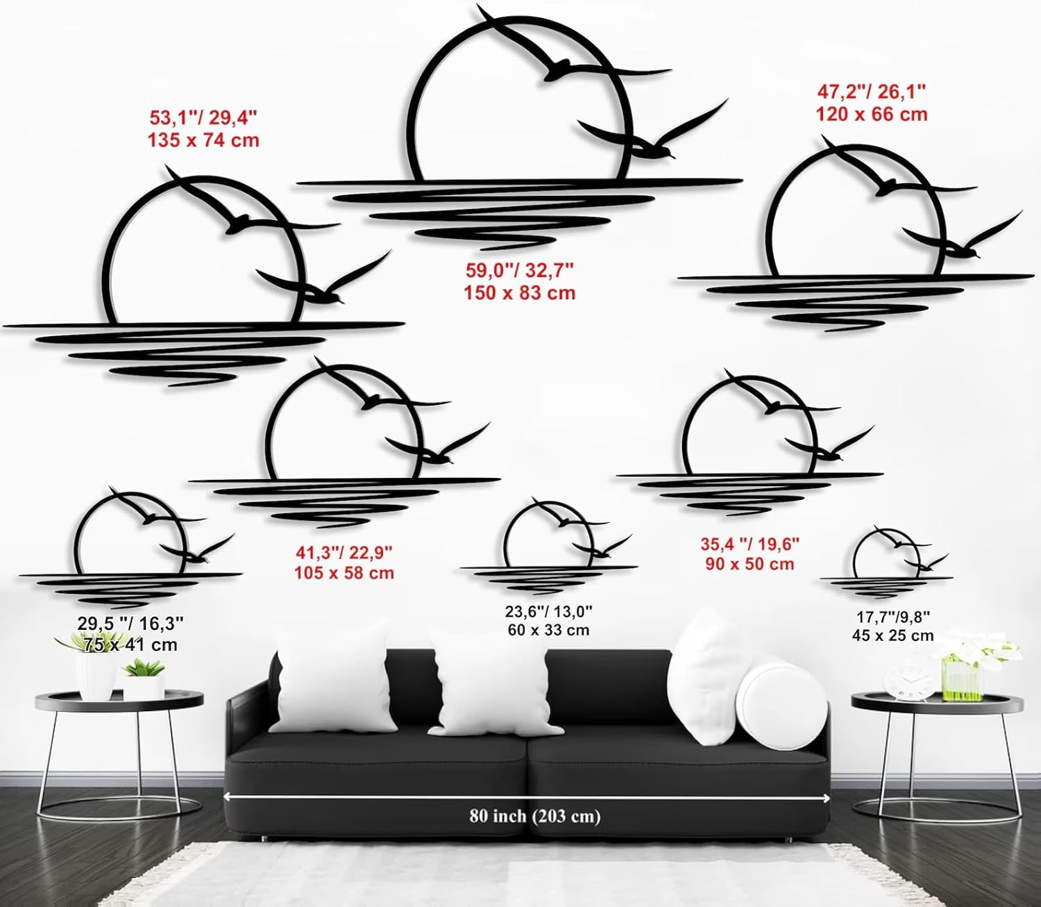 Tubibu Metall-Wandkunst – Sonnen-Glitzer-Wanddekoration – schwarze minimalistische Linienkunst – Sonnenaufgang-Wandbehang für Wohnzimmer, Schlafzimmer, Einweihungsgeschenk im Freien (XXLARGE)