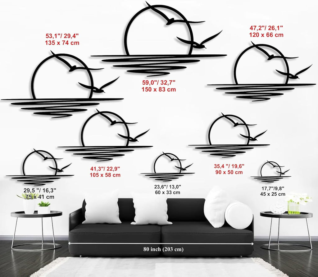 Tubibu Metall-Wandkunst – Sonnen-Glitzer-Wanddekoration – schwarze minimalistische Linienkunst – Sonnenaufgang-Wandbehang für Wohnzimmer, Schlafzimmer, Einweihungsgeschenk im Freien (XXLARGE)
