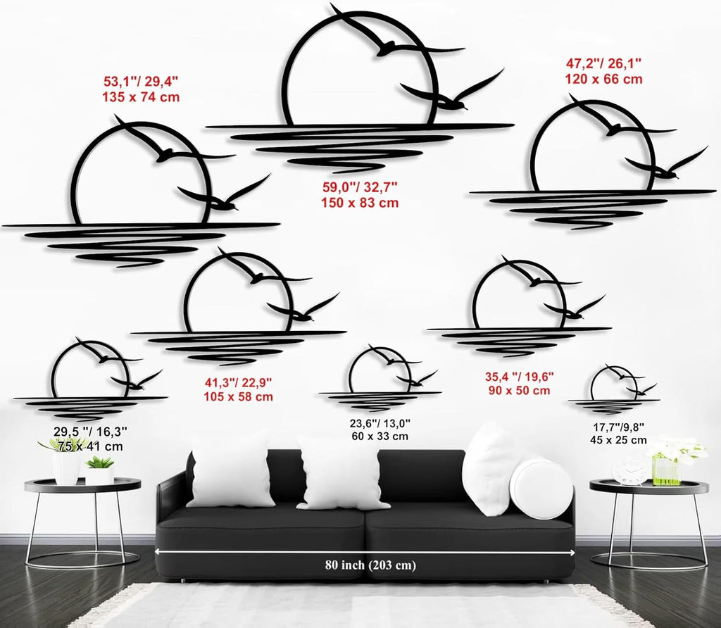 Tubibu Metall-Wandkunst – Sonnen-Glitzer-Wanddekoration – schwarze minimalistische Linienkunst – Sonnenaufgang-Wandbehang für Wohnzimmer, Schlafzimmer, Einweihungsgeschenk im Freien (XXLARGE)