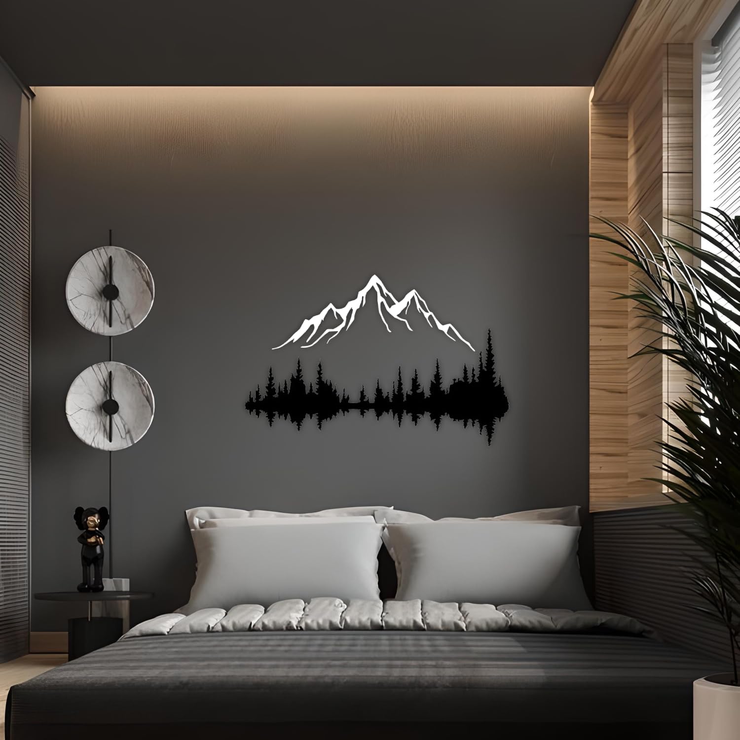 Metall Wandkunst Berg und Wald Metall Wanddekoration, große Wandskulptur für rustikales Zuhause, Innen und Außenbereich, Moderne Deko, Bilder für Zuhause Büro Wohnzimmer (Berg 2, Klein, White/Black)