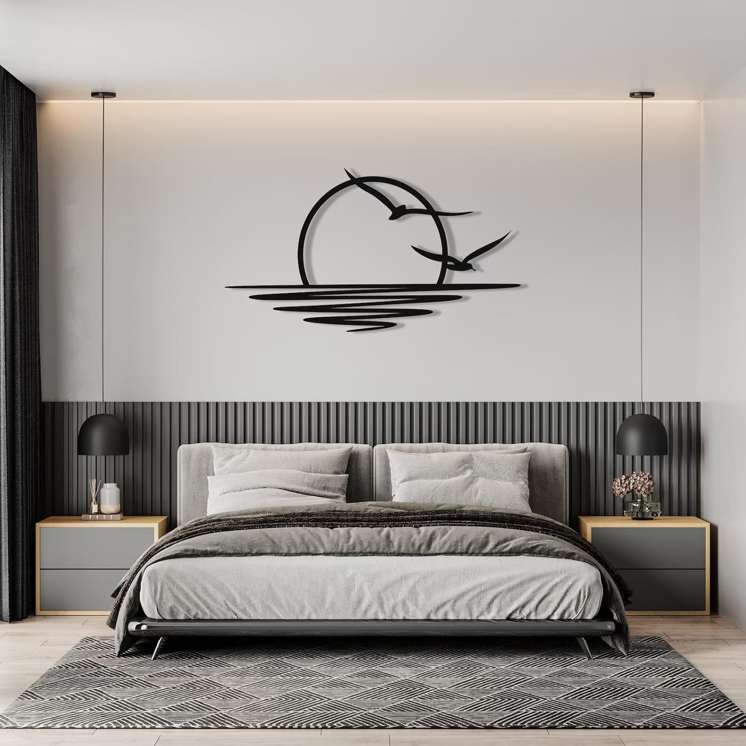 Tubibu Metall-Wandkunst – Sonnen-Glitzer-Wanddekoration – schwarze minimalistische Linienkunst – Sonnenaufgang-Wandbehang für Wohnzimmer, Schlafzimmer, Einweihungsgeschenk im Freien (XXLARGE)