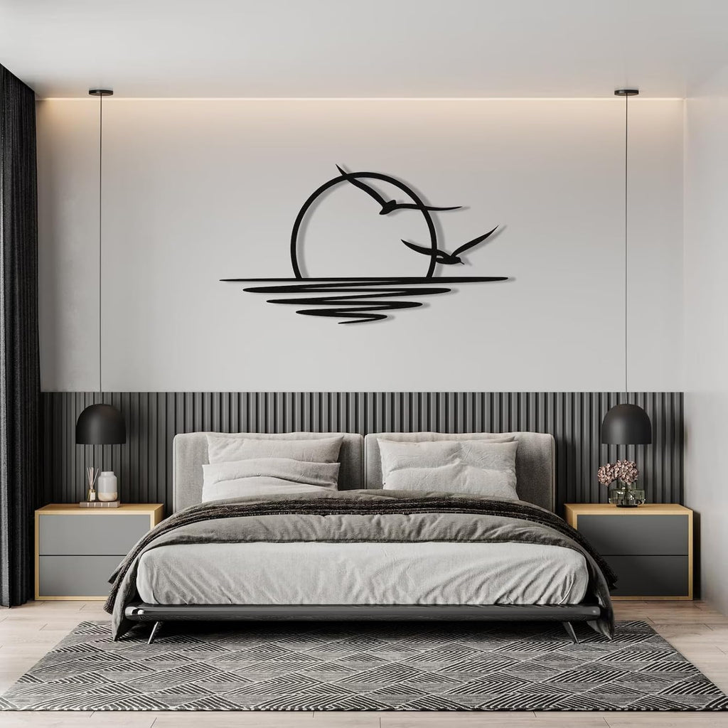 Tubibu Metall-Wandkunst – Sonnen-Glitzer-Wanddekoration – schwarze minimalistische Linienkunst – Sonnenaufgang-Wandbehang für Wohnzimmer, Schlafzimmer, Einweihungsgeschenk im Freien (XXLARGE)