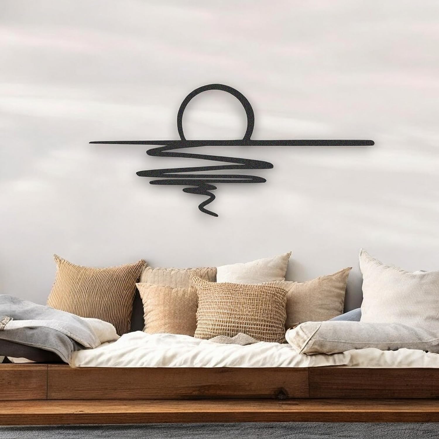 Tubibu Metall-Wandkunst – Sonnen-Glitzer-Wanddekoration – schwarze minimalistische Linienkunst – Sonnenaufgang-Wandbehang für Wohnzimmer, Schlafzimmer, Einweihungsgeschenk im Freien (XXL)
