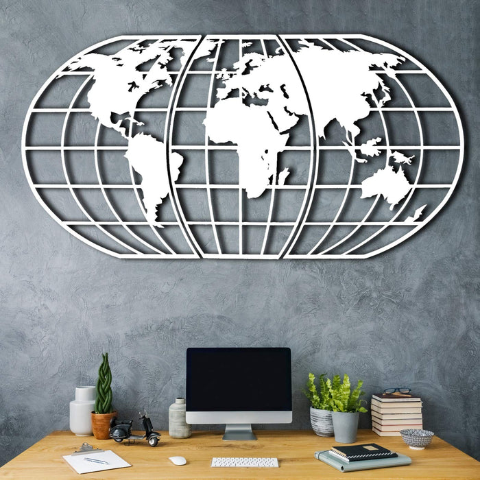 Weltkarten-Globe Weiß – Metall-Wandkunst