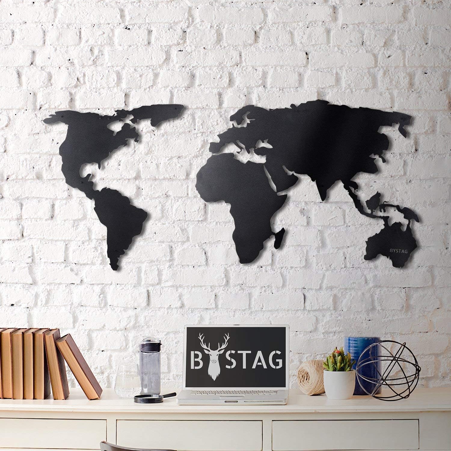 Weltkarten-Wandkunst, 100 % Metall, Weltkarte, 2D, Skulptur, groß und breit – Größe (60 x 119 cm) – Wandbehang für Wohnzimmer, Schlafzimmer, Schlafsaal (59,9 x 119,9 cm) (schwarz, (59,9 x 119,9 cm)
