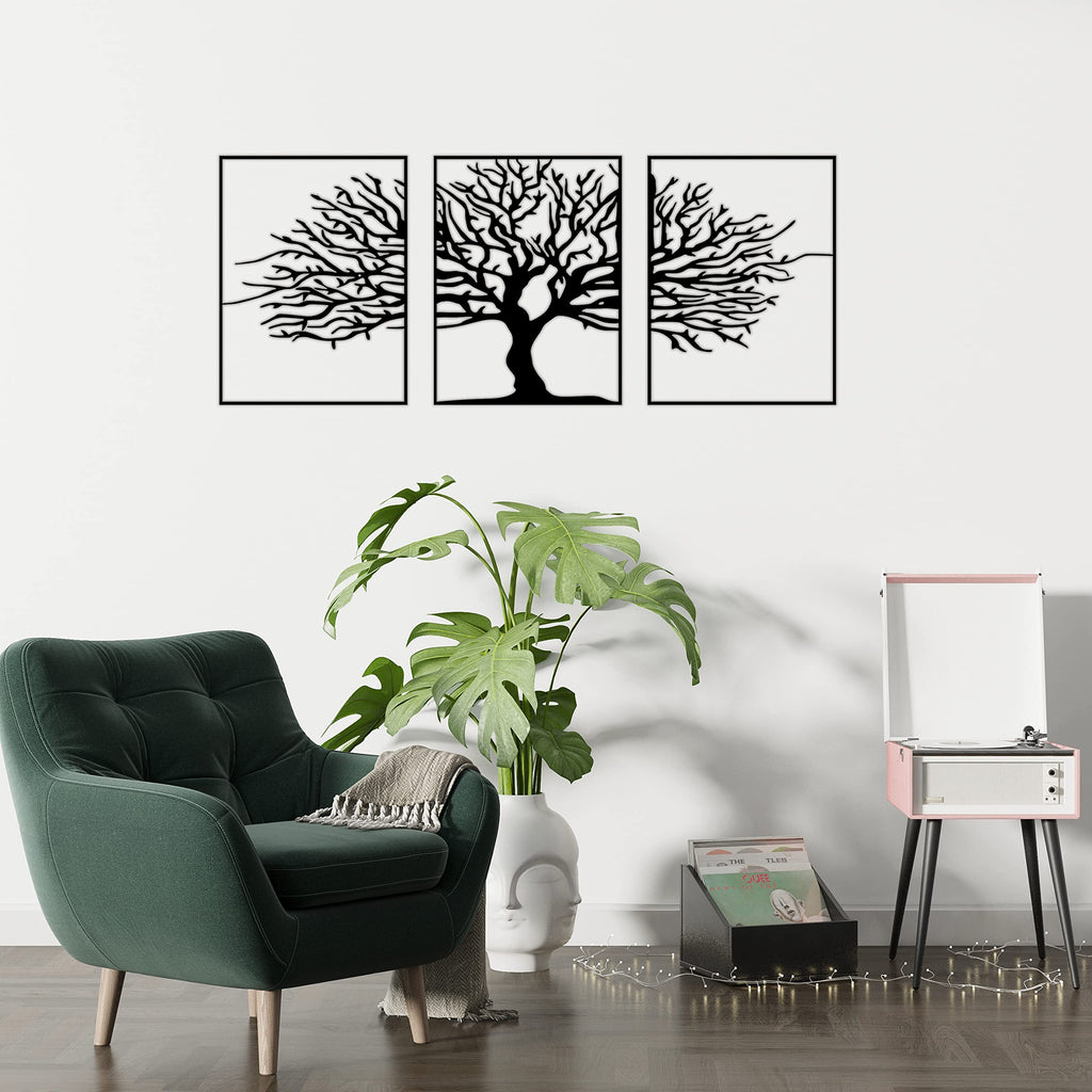 Tubibu Moderne Metall-Wandkunst 3er Set, 100% Metall - Metallische Wanddekoration, Wandbehang für Wohnzimmer, Schlafzimmer, Wohnheim, Wandskulpturen (Schwarzer Baum, klein)