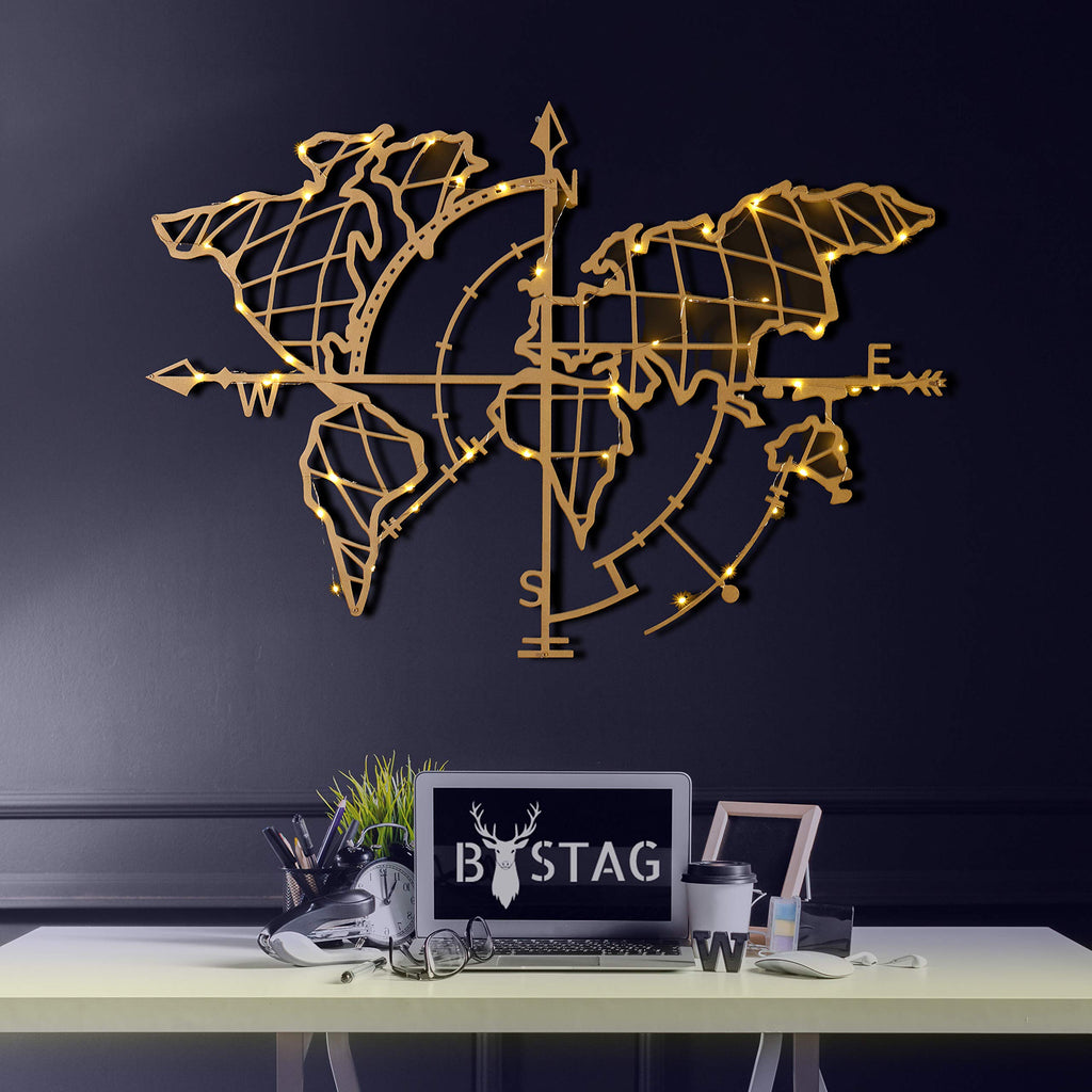 Weltkarte mit Kompass Gold – Metall-Wandkunst