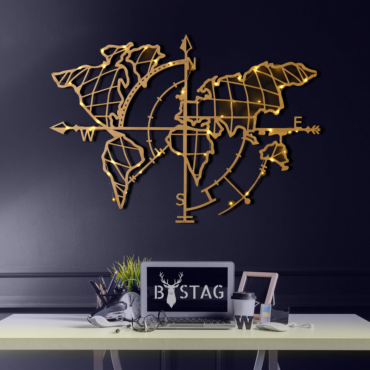Weltkarte mit Kompass Gold – Metall-Wandkunst