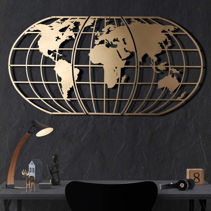 Weltkarten-Globe Gold – Metall-Wandkunst
