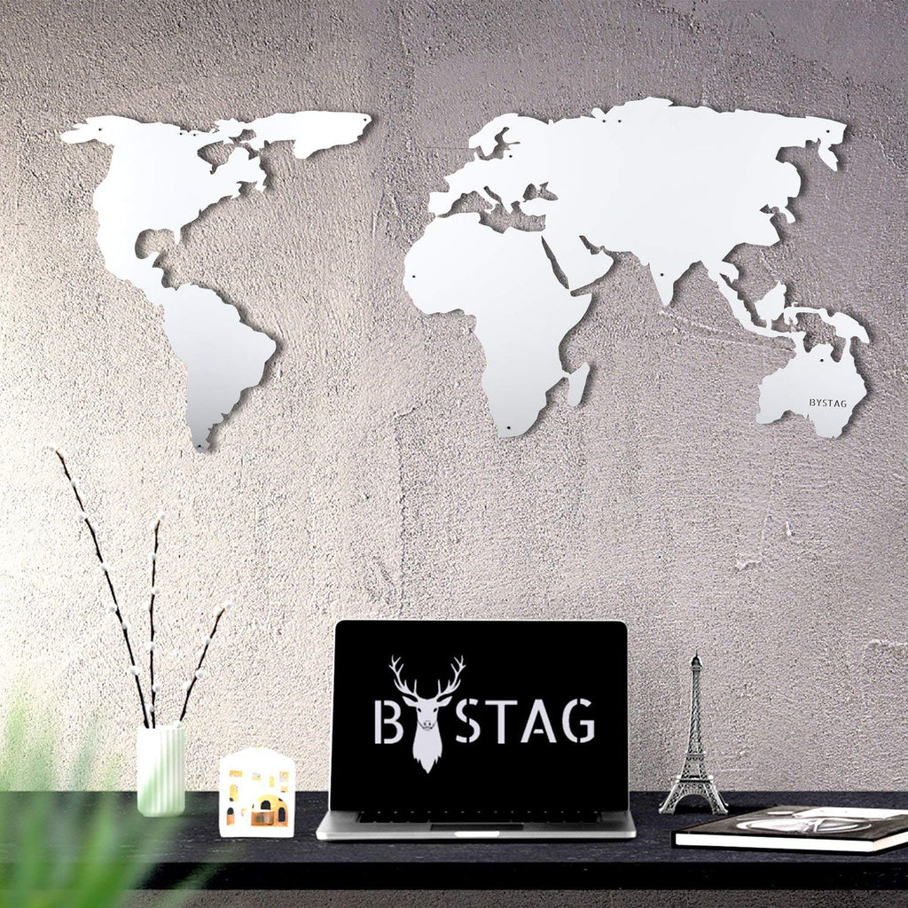 Tubibu Moderne Wandkunst, 100 % Metall – Metallische Weltkarte SıLhouette Größe (59,9 x 119,9 cm) – Wandbehang für Wohnzimmer, Schlafzimmer, Wohnheim (weiß)