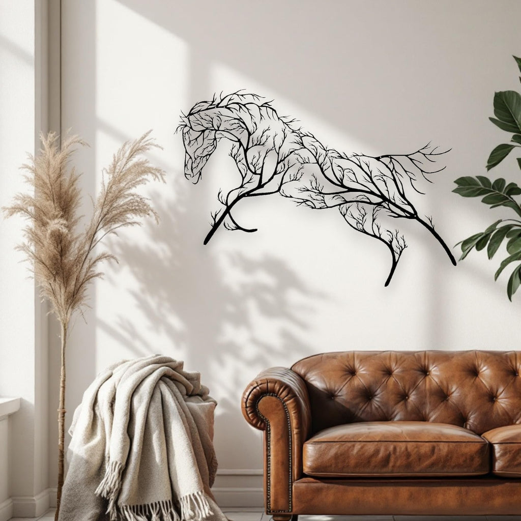 Tubibu-Metall-Wandkunst – Geometrisches Pferd und Baum – Handgefertigte Wanddekoration für Wohnzimmer, Schlafzimmer, Büro oder Eingangsbereich – Modernes Bauernhaus-Dekor