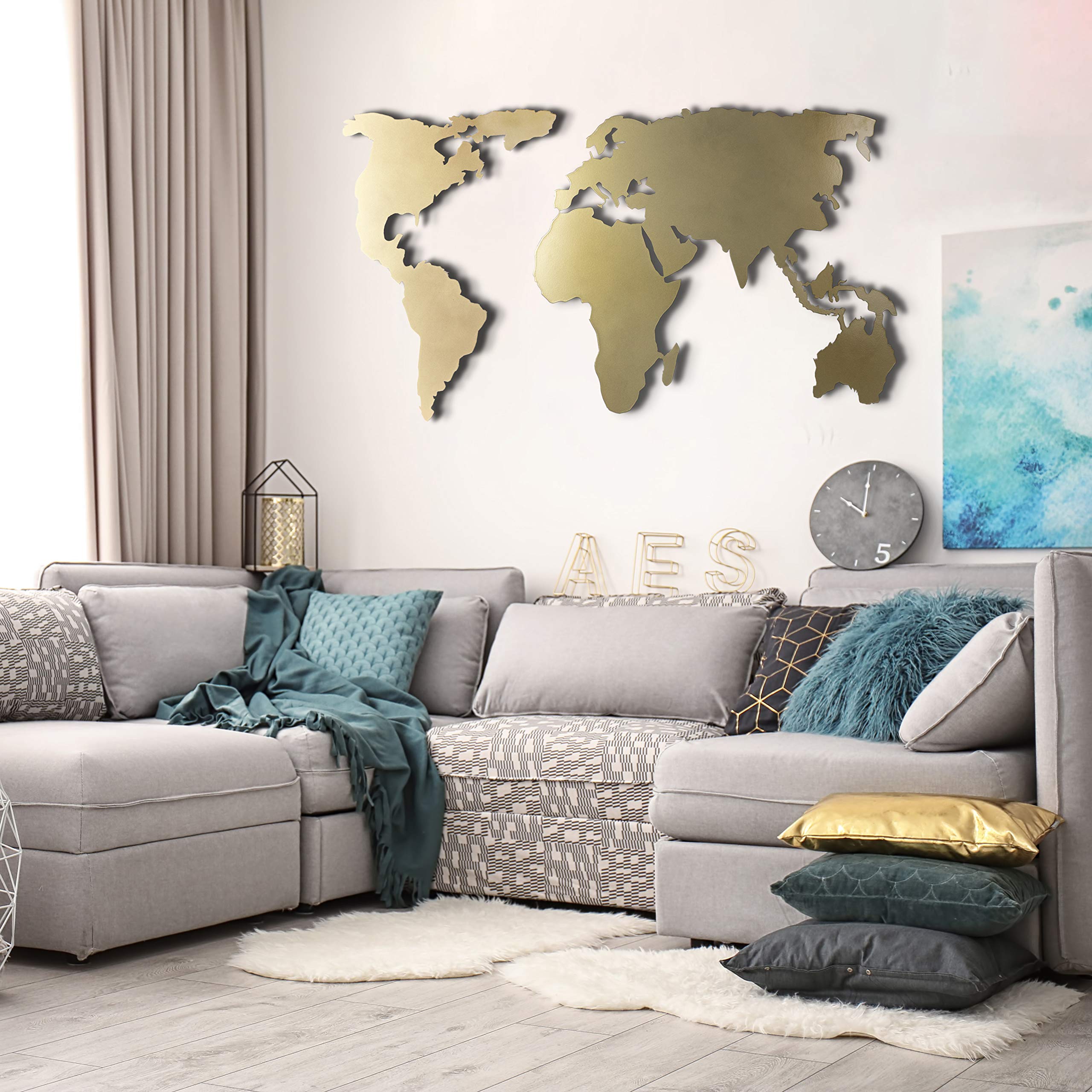 Weltkarten-Wandkunst, 100 % Metall, Weltkarte, 2D, Skulptur, groß und breit – Größe (60 x 119 cm) – Wandbehang für Wohnzimmer, Schlafzimmer, Schlafsaal (59,9 x 119,9 cm) (schwarz, (59,9 x 119,9 cm)