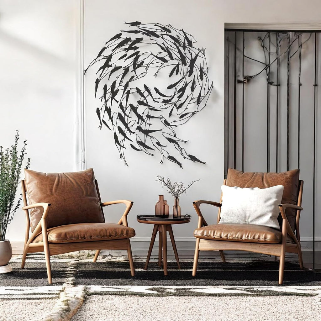 Tubibu Metall Fisch Wanddeko – Schwarze Fischfamilie Wandkunst im maritimen Stil – Moderne Wand Skulptur für Wohnzimmer, Bad, Garten, Balkon oder Terrasse (100x87)