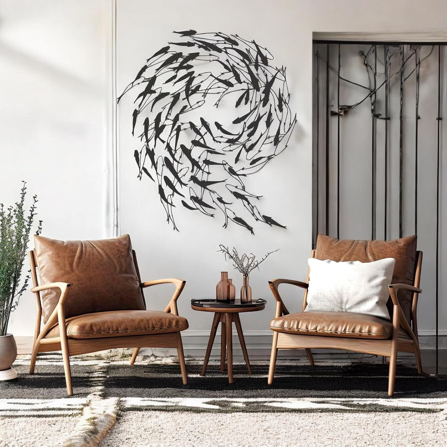 Tubibu Metall Fisch Wanddeko – Schwarze Fischfamilie Wandkunst im maritimen Stil – Moderne Wand Skulptur für Wohnzimmer, Bad, Garten, Balkon oder Terrasse (100x87)
