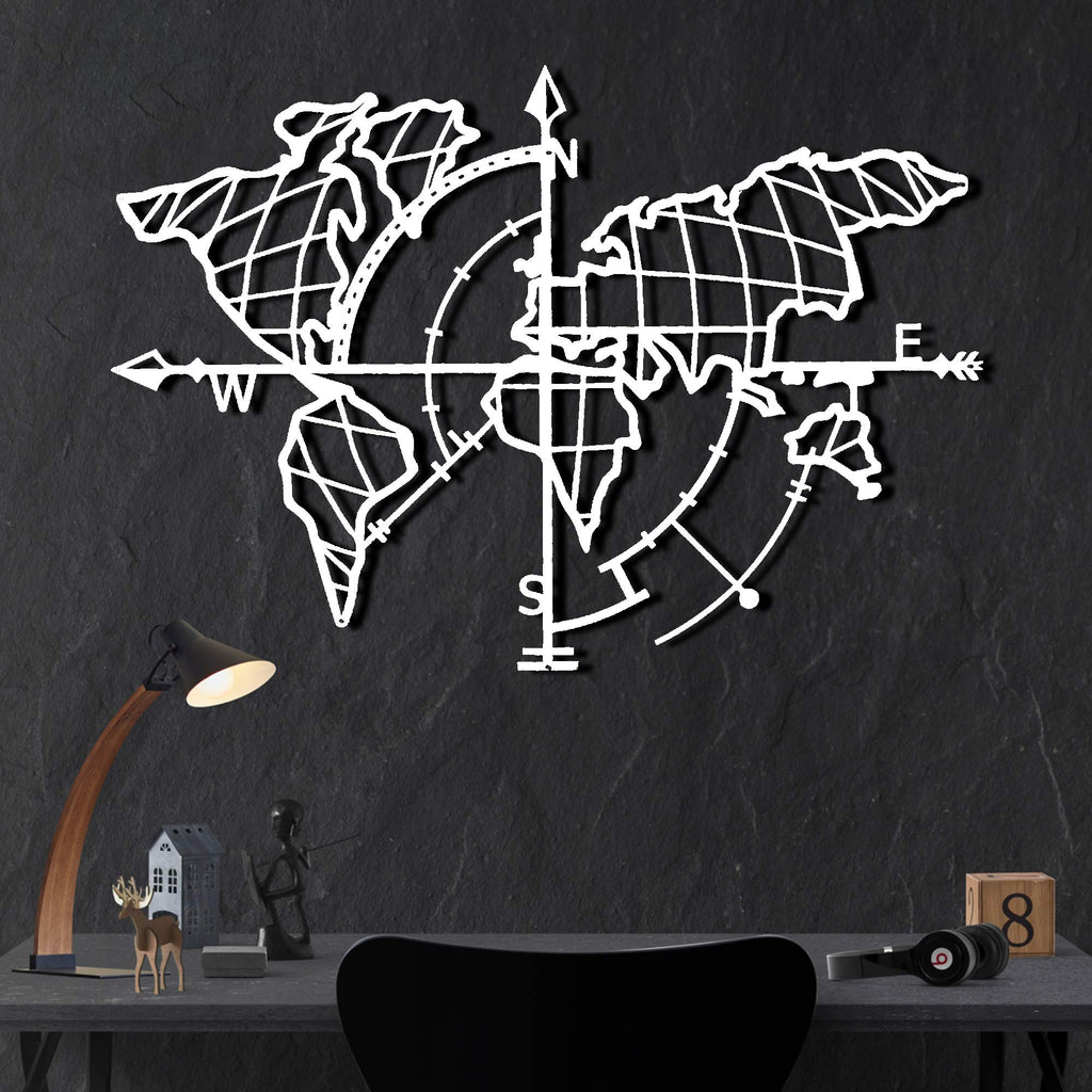Weltkarte mit Kompass Weiß – Metall-Wandkunst