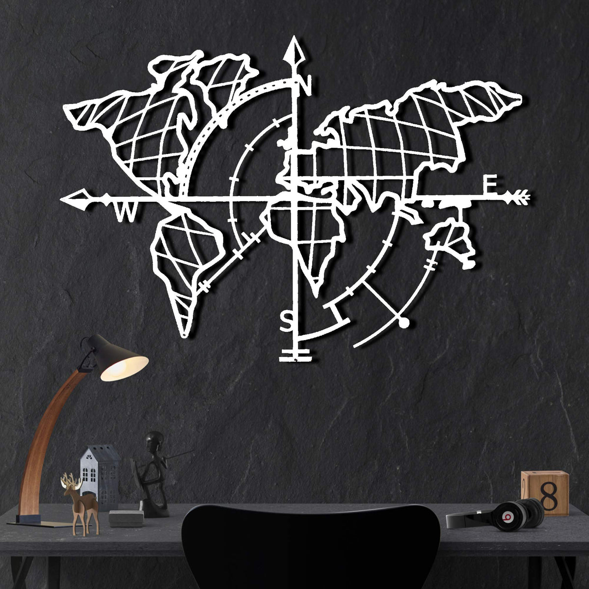 Weltkarte mit Kompass Weiß – Metall-Wandkunst