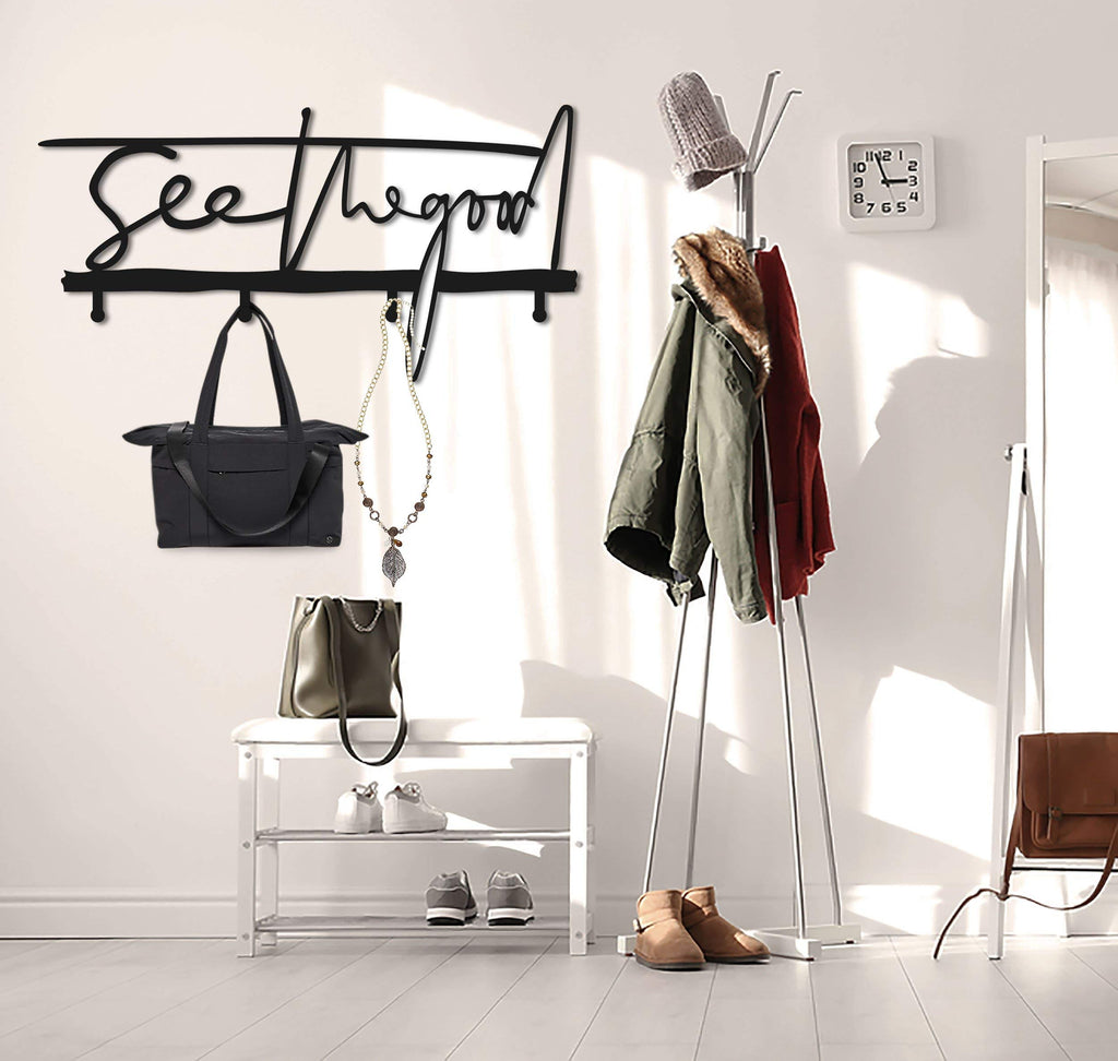 Garderobenleiste „See The Good“ aus Metall – Schriftzug mit Haken, 60 × 30 cm