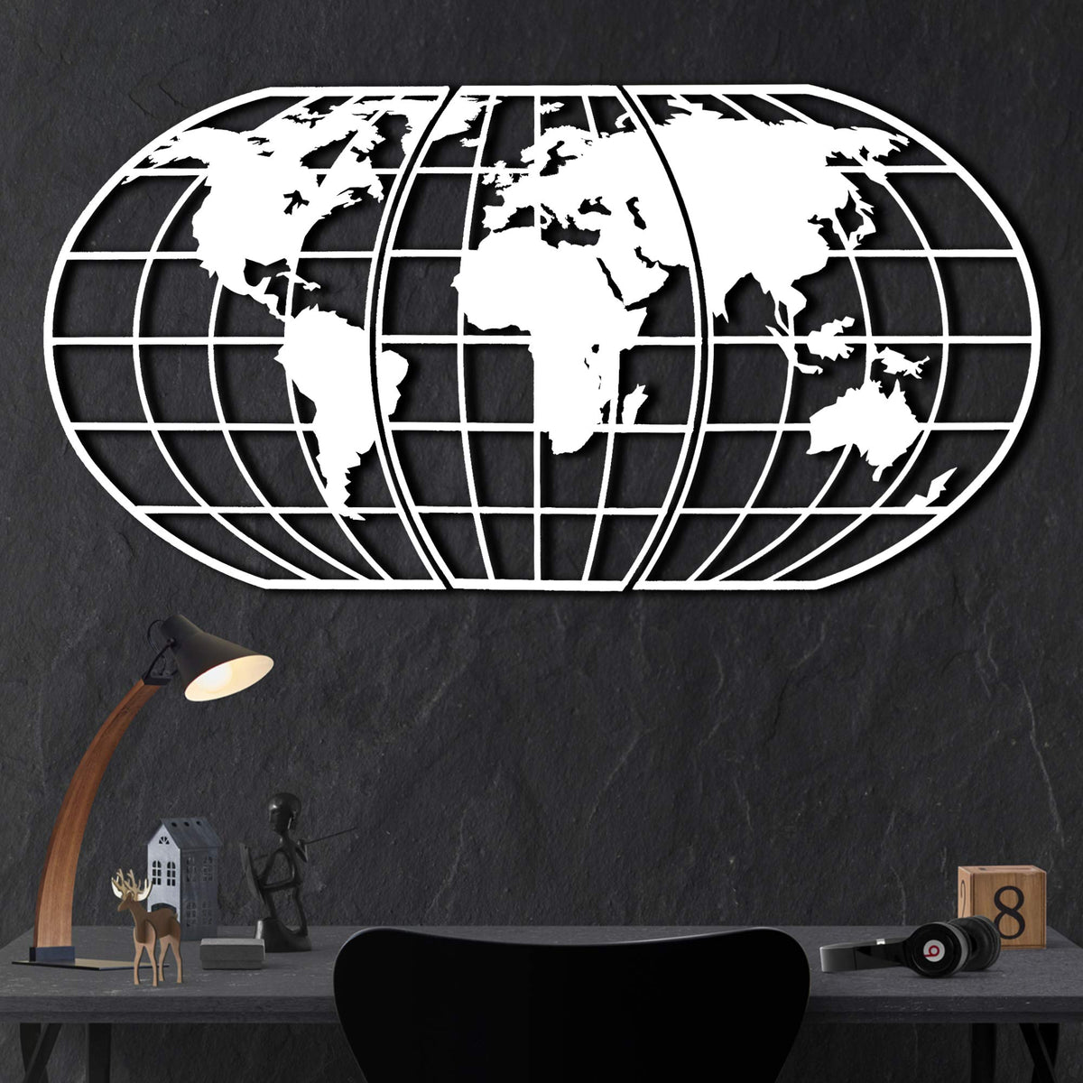 Weltkarten-Globe Weiß – Metall-Wandkunst