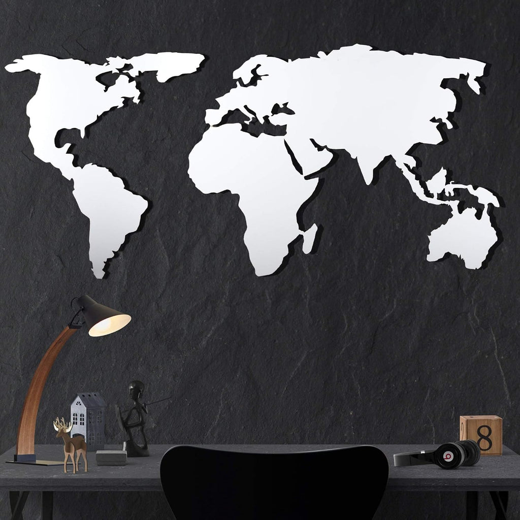 Tubibu Moderne Wandkunst, 100 % Metall – Metallische Weltkarte SıLhouette Größe (59,9 x 119,9 cm) – Wandbehang für Wohnzimmer, Schlafzimmer, Wohnheim (weiß)