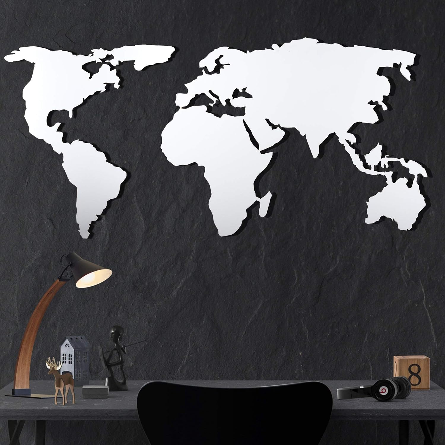 Tubibu Moderne Wandkunst, 100 % Metall – Metallische Weltkarte SıLhouette Größe (59,9 x 119,9 cm) – Wandbehang für Wohnzimmer, Schlafzimmer, Wohnheim (weiß)