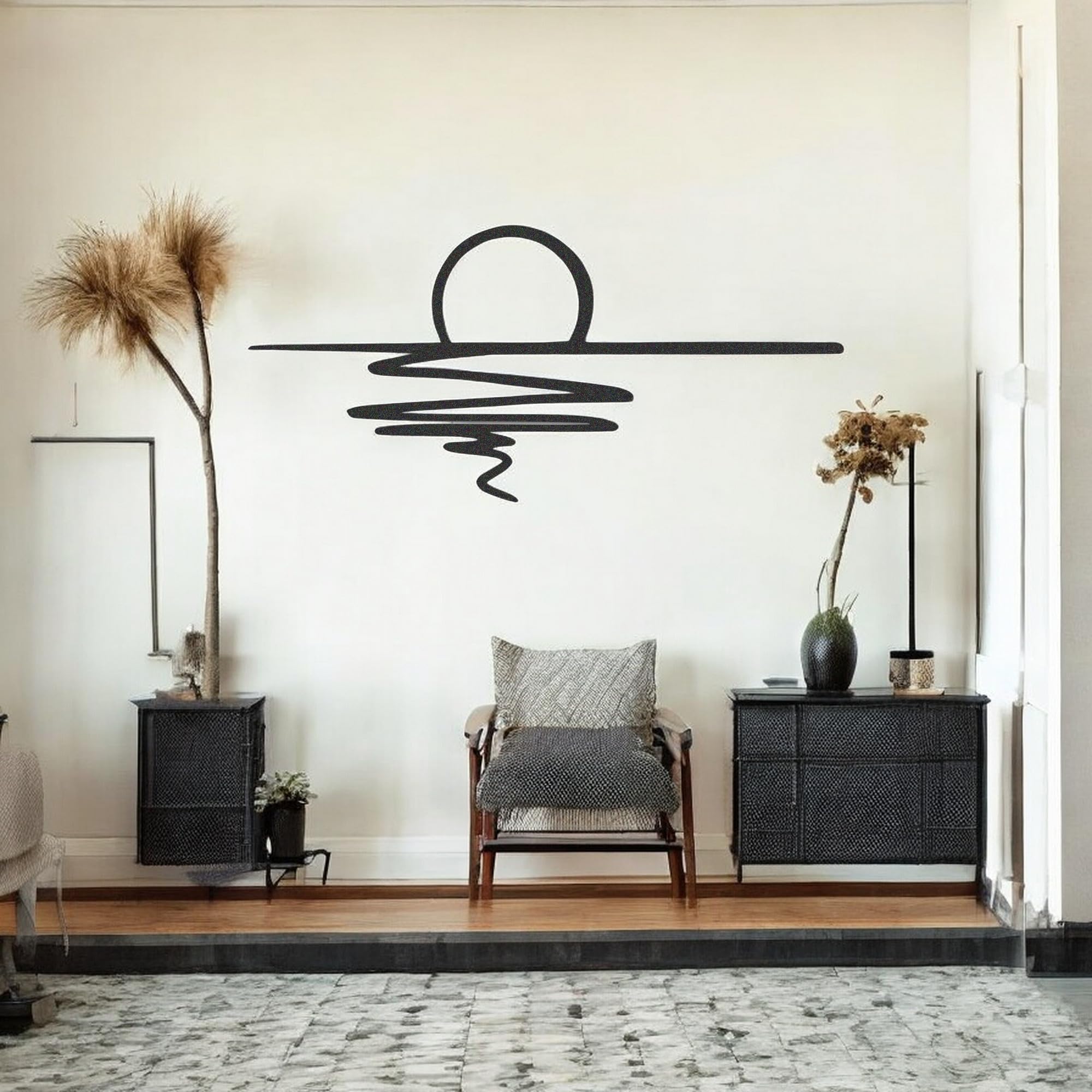 Tubibu Metall-Wandkunst – Sonnen-Glitzer-Wanddekoration – schwarze minimalistische Linienkunst – Sonnenaufgang-Wandbehang für Wohnzimmer, Schlafzimmer, Einweihungsgeschenk im Freien (XXL)